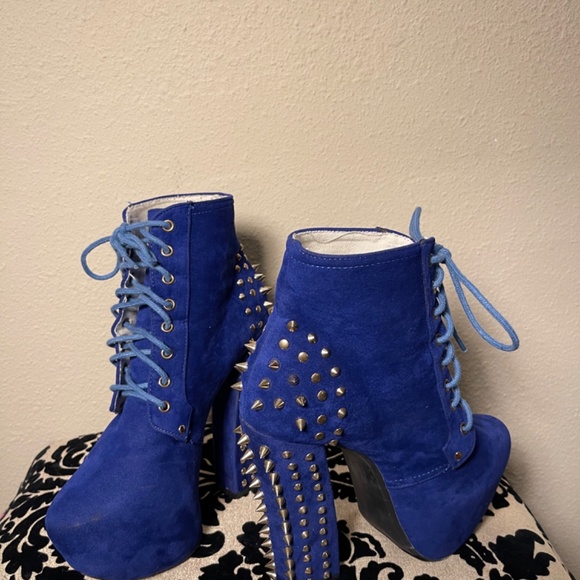 Blue Faux Suede, Platform, Spiked Chunk Heel, Lace-up, Gaga, Ankle Boots - Picture 2 of 12